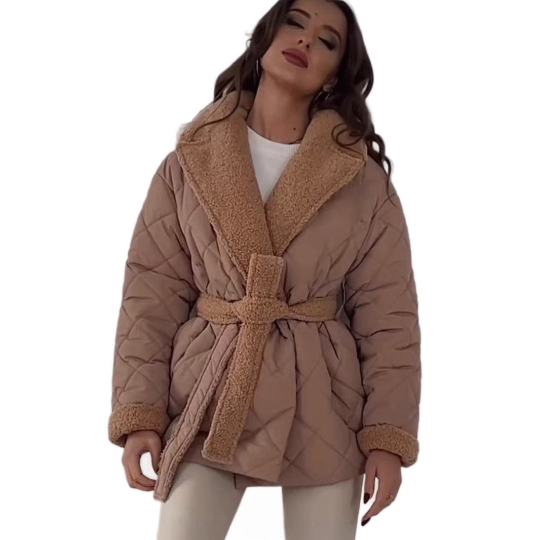 Damen gesteppte Fleecejacke mit Gürtel und großem Kragen R&B