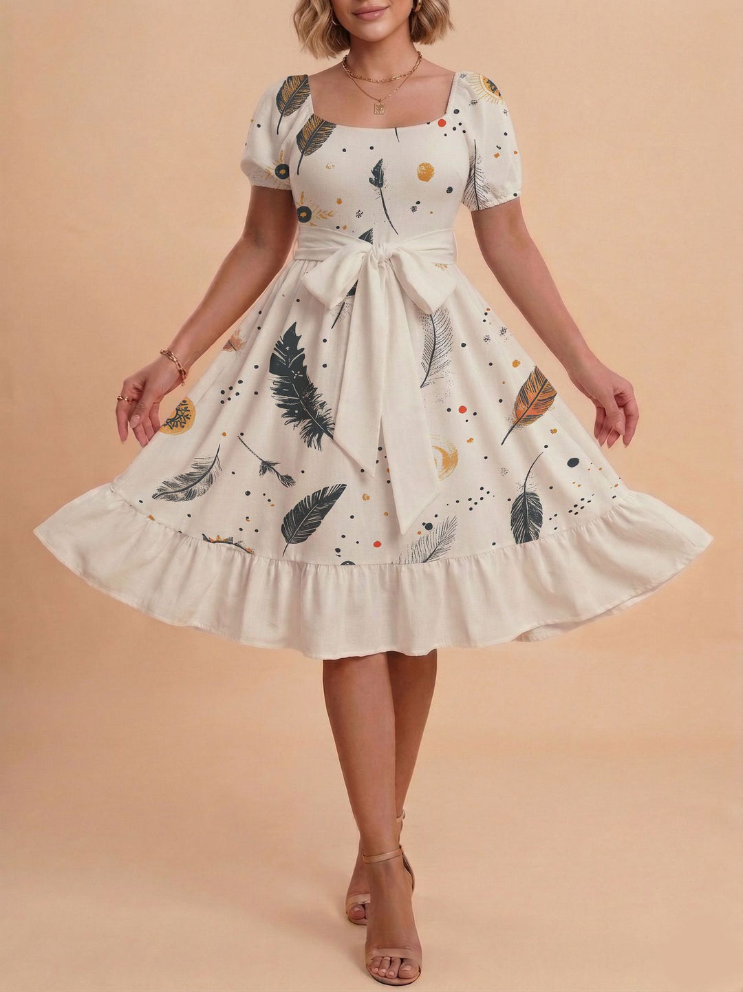 Damen Midikleid mit verspieltem Druck und tailliertem Schnitt R&B