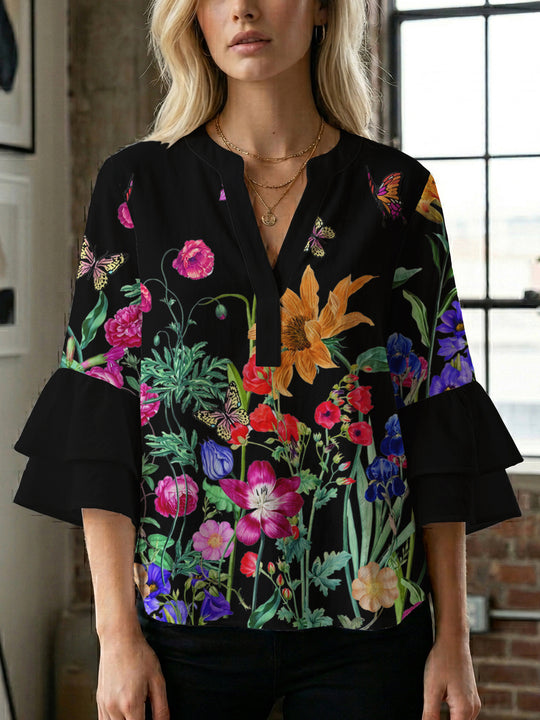 Damen lässige Bluse mit Volantärmeln und botanischem Druck R&B
