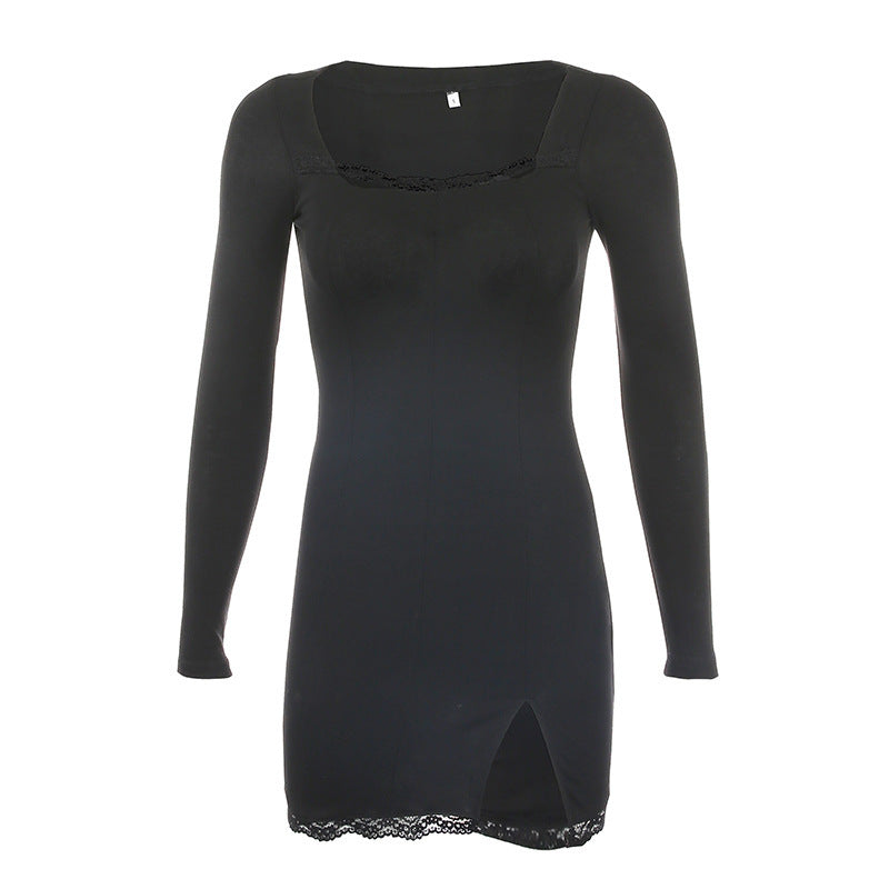 Damen figurbetontes Langarmkleid mit Spitzenakzenten und sexy Schlitz R&B