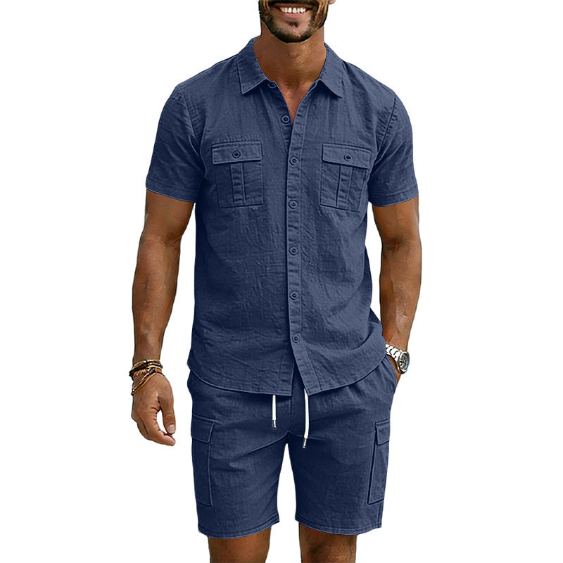 Herren nan sommerliches Kurzarm-Hemd- und Cargo-Bermudas-Set aus Leinenmix mit Brustklappen und Tunnelzugbund R&B