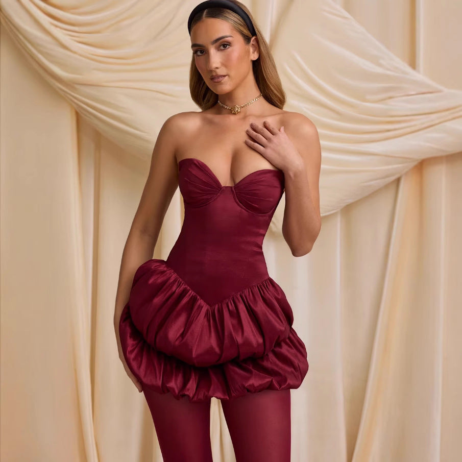 Damen Cocktailkleid mit ausgefallenem Bustier-Design und voluminösem Rüschensaum R&B