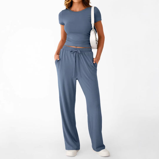Damen lässiger Freizeitanzug mit kurzen Ärmel und weiten Hosen R&B