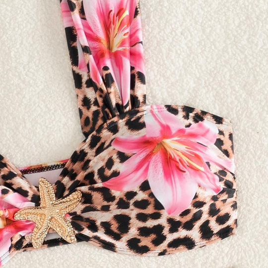 Damen Bikini-Set mit floralem Leopardenmuster und elegantem Knotendetail R&B