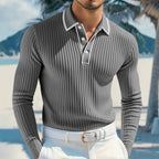 Herren nan schmal geschnittenes Rippstrick-Poloshirt mit Langarm, Kontrastpaspel und feiner Struktur R&B