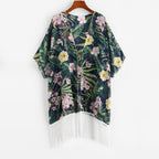 Damen Kimono mit floralem Design und Fransen R&B