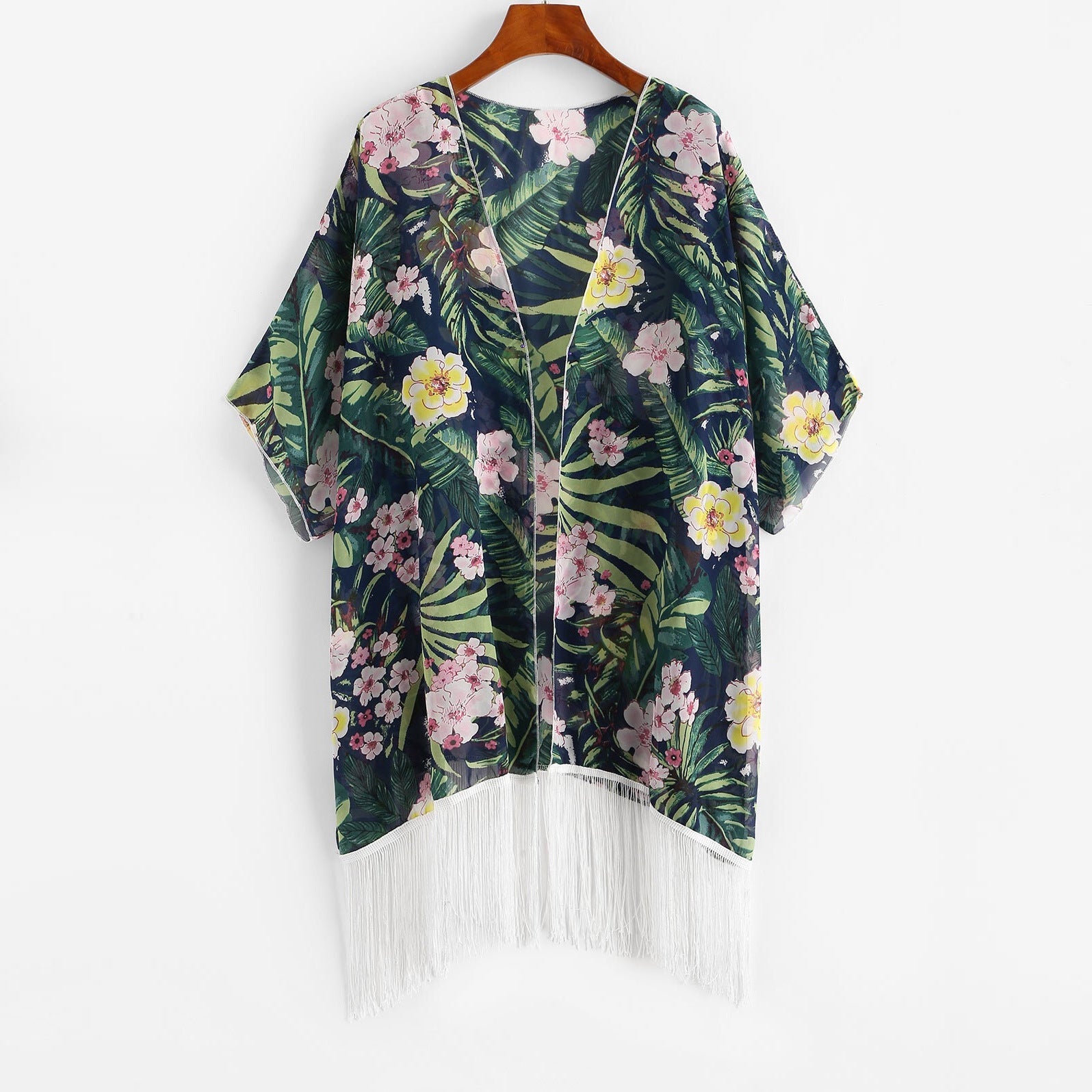 Damen Kimono mit floralem Design und Fransen R&B