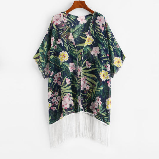 Damen Kimono mit floralem Design und Fransen R&B