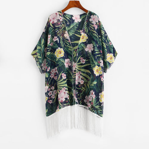Damen Kimono mit floralem Design und Fransen R&B