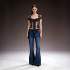 Damen elegante Cropped Bluse mit Puffärmeln und Stickmuster