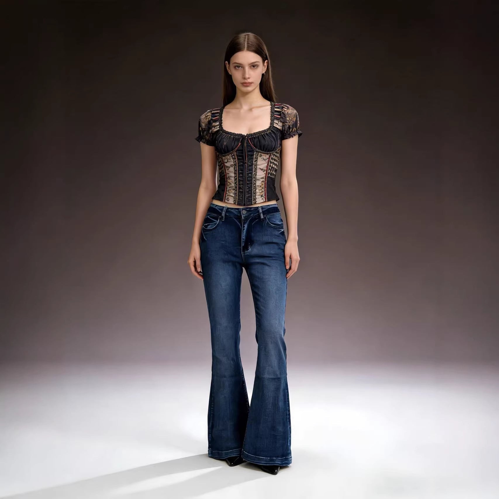 Damen elegante Cropped Bluse mit Puffärmeln und Stickmuster