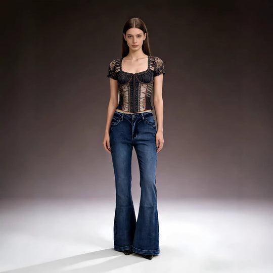 Damen elegante Cropped Bluse mit Puffärmeln und Stickmuster