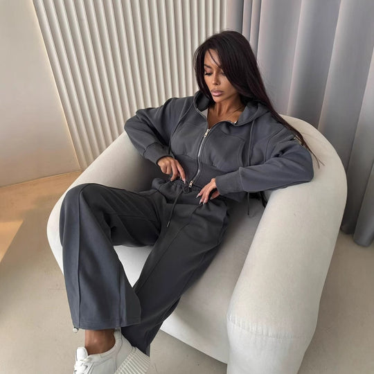 Damen sportliches Set aus cropped Kapuzenjacke und bequemen, lockeren Sporthosen R&B