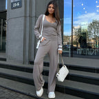 Damen lässiges Strick-Loungewear-Set mit hochwertigem Zip-Cardigan und Weitbein-Hosen R&B
