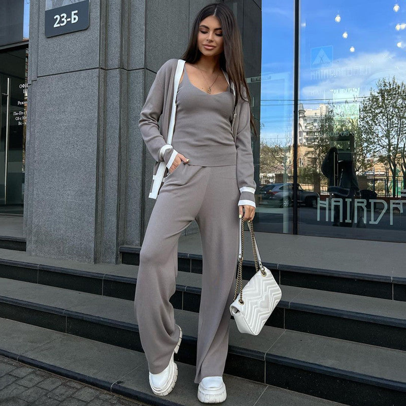 Damen lässiges Strick-Loungewear-Set mit hochwertigem Zip-Cardigan und Weitbein-Hosen R&B