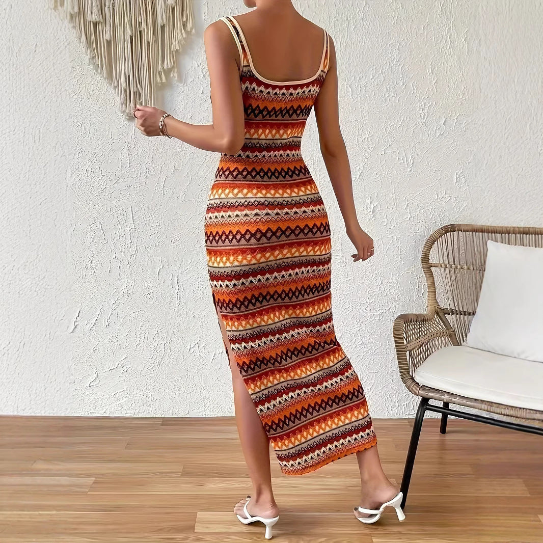 Damen Maxikleid mit auffälligem geometrischem Muster und seitlichem Schlitz R&B