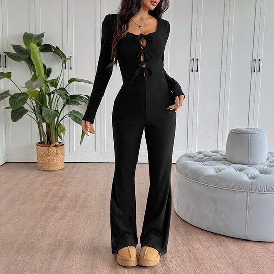 Damen eleganter Overall mit modischem Schnitt und Dekorativen Schnürdetails R&B