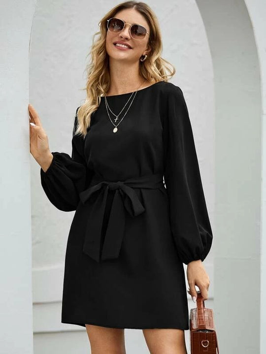 Damen Elegantes Kleid mit Ballonärmeln und Taillengürtel R&B