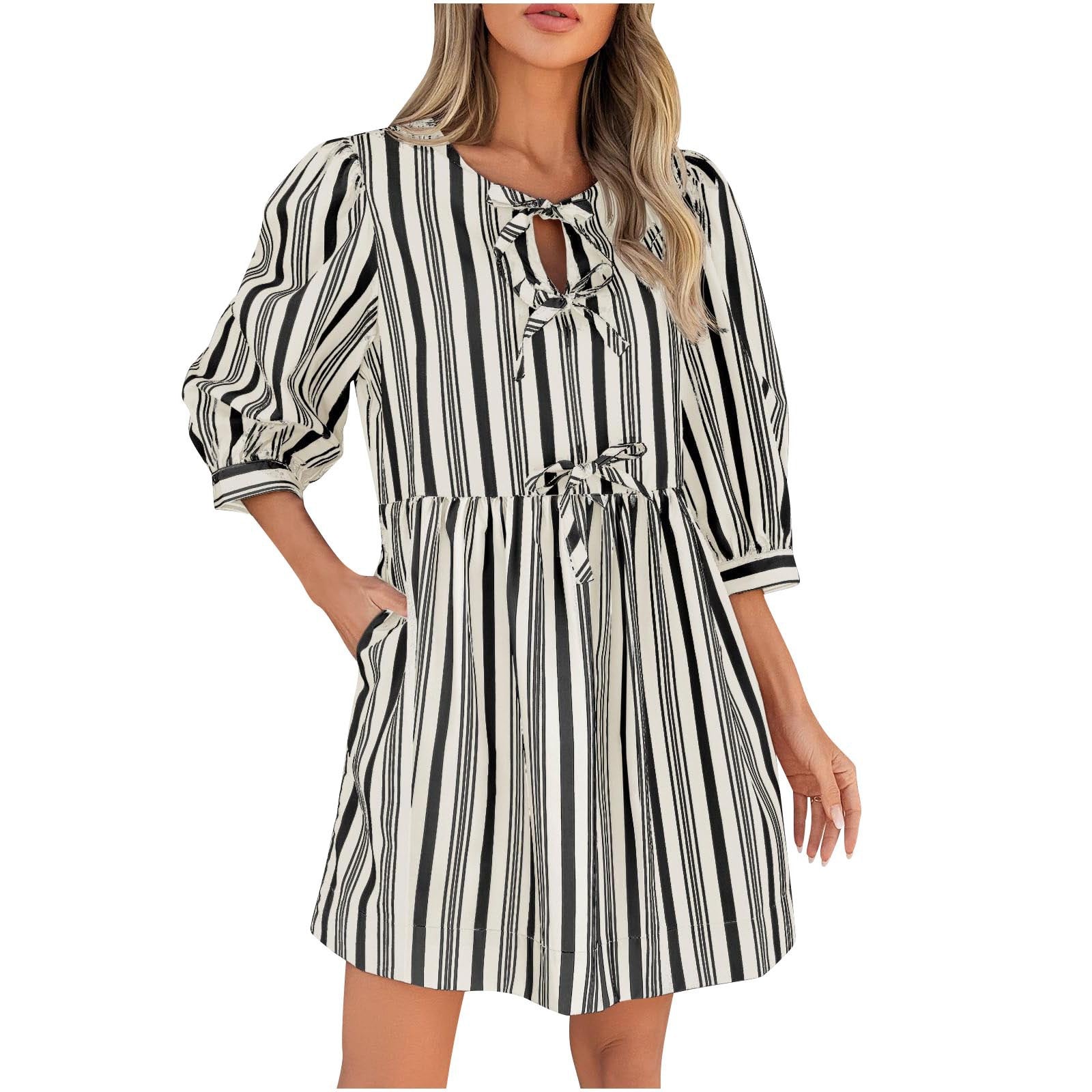 Damen lässiges gestreiftes Sommerkleid mit taillierter Silhouette R&B
