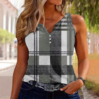 Damen ärmelloses V-Neck Top mit dekorativem Knopfdetail und modernem Karomuster R&B