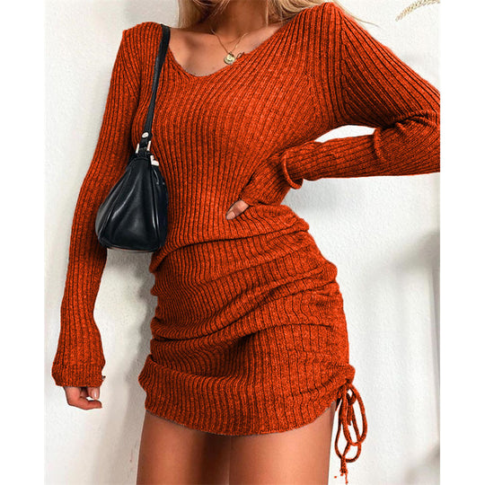 Damen Strick Mini-Kleid mit Raffung und V-Ausschnitt R&B