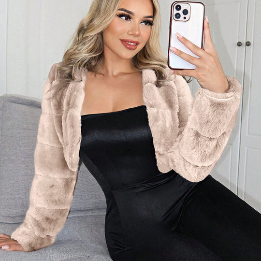 Damen Kurze Kunstpelzjacke mit breiten Ärmeln R&B