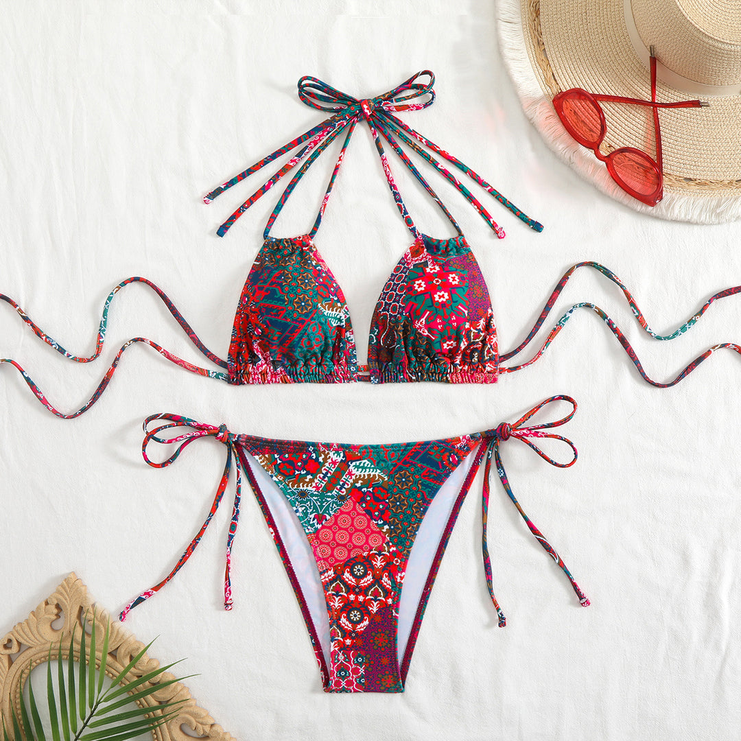 Damen Bikini-Set mit verspieltem Bindeband und buntem Muster R&B