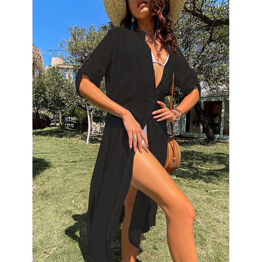 Damen lässiges Sommerkleid mit durchgehender Knopfleiste und seitlichen Taschen R&B