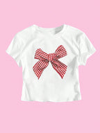 Damen Crop-T-Shirt mit verspieltem Karoband-Motiv und lässigem Schnitt R&B