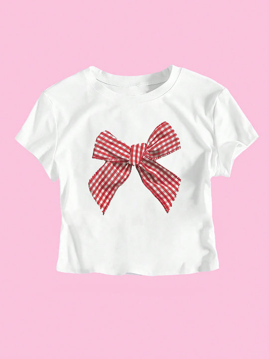 Damen Crop-T-Shirt mit verspieltem Karoband-Motiv und lässigem Schnitt R&B
