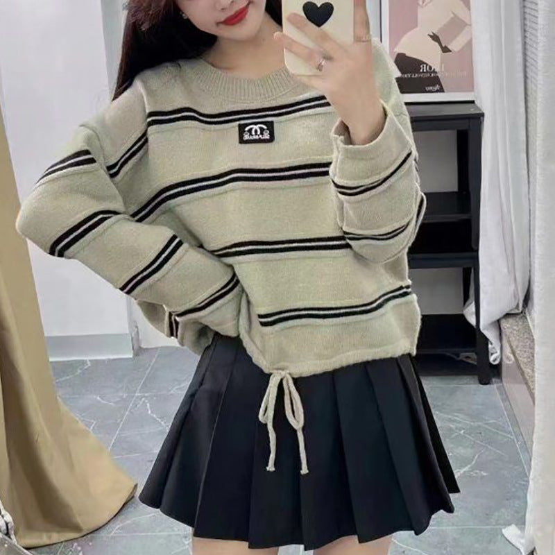 Damen gestreifter Sweater mit stylischem Kordelzug und lässigem Oversized-Schnitt