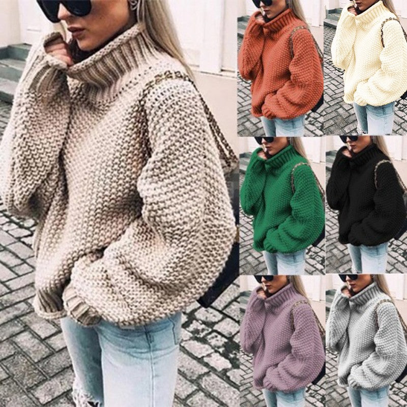 Damen Grobstrick Pullover mit Stehkragen und voluminösen Ärmeln R&B