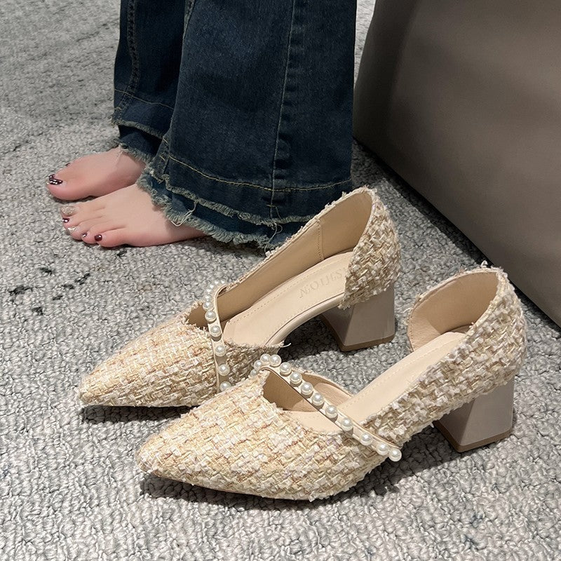 Damen Elegante Pumps mit perlenverziertem Riemen und R&Bratem Blockabsatz R&B