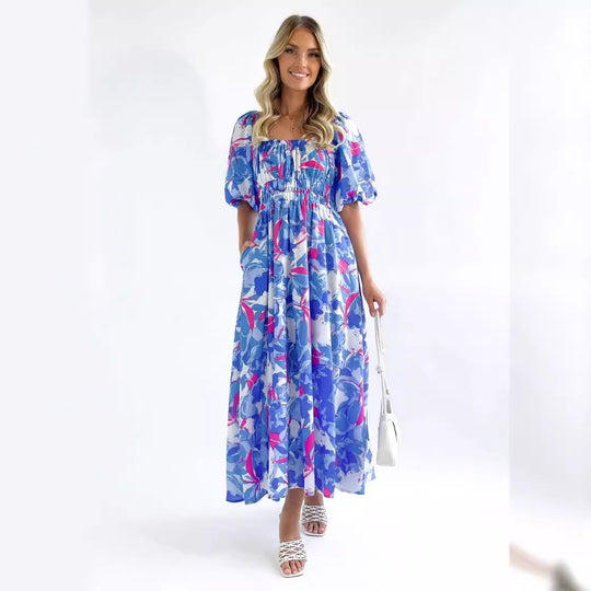 Damen Maxikleid mit luftigen Puffärmeln und floralem Design R&B