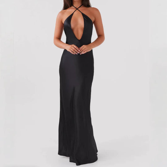 Damen Maxikleid mit tiefem V-Ausschnitt und eleganter Rückenansicht R&B