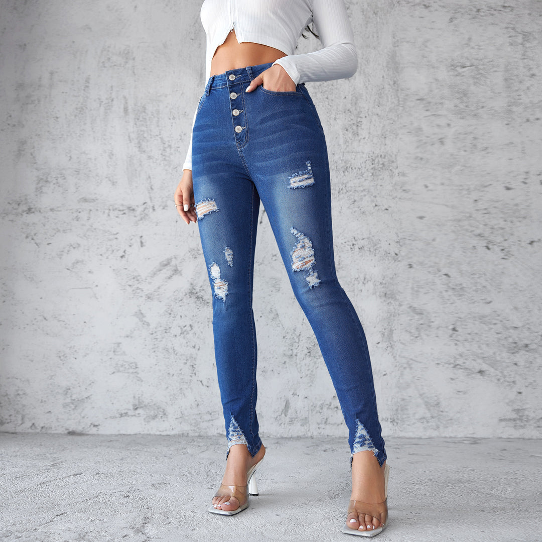 Damen Skinny Jeans mit stylishen Destroyed-Details und fransigem Saum R&B