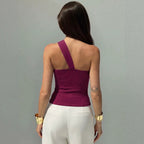 Damen nan asymmetrisches Einschulter-Chiffon-Oberteil mit Drapierung und Zierbrosche R&B