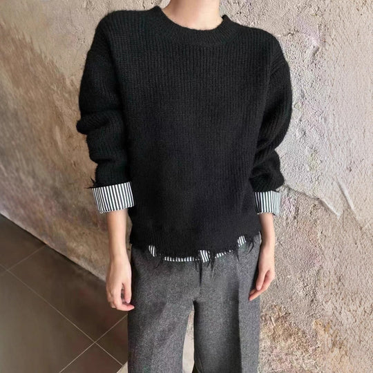 Damen Grob gestrickter Pullover mit einzigartigen Kontrastarmabschlüssen und lässigem Schnitt R&B