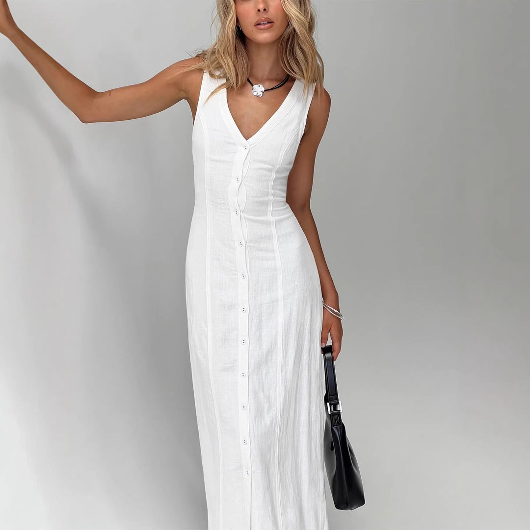 Damen Maxikleid mit knöpfbarem Ausschnitt und figurbetontem Schnitt R&B
