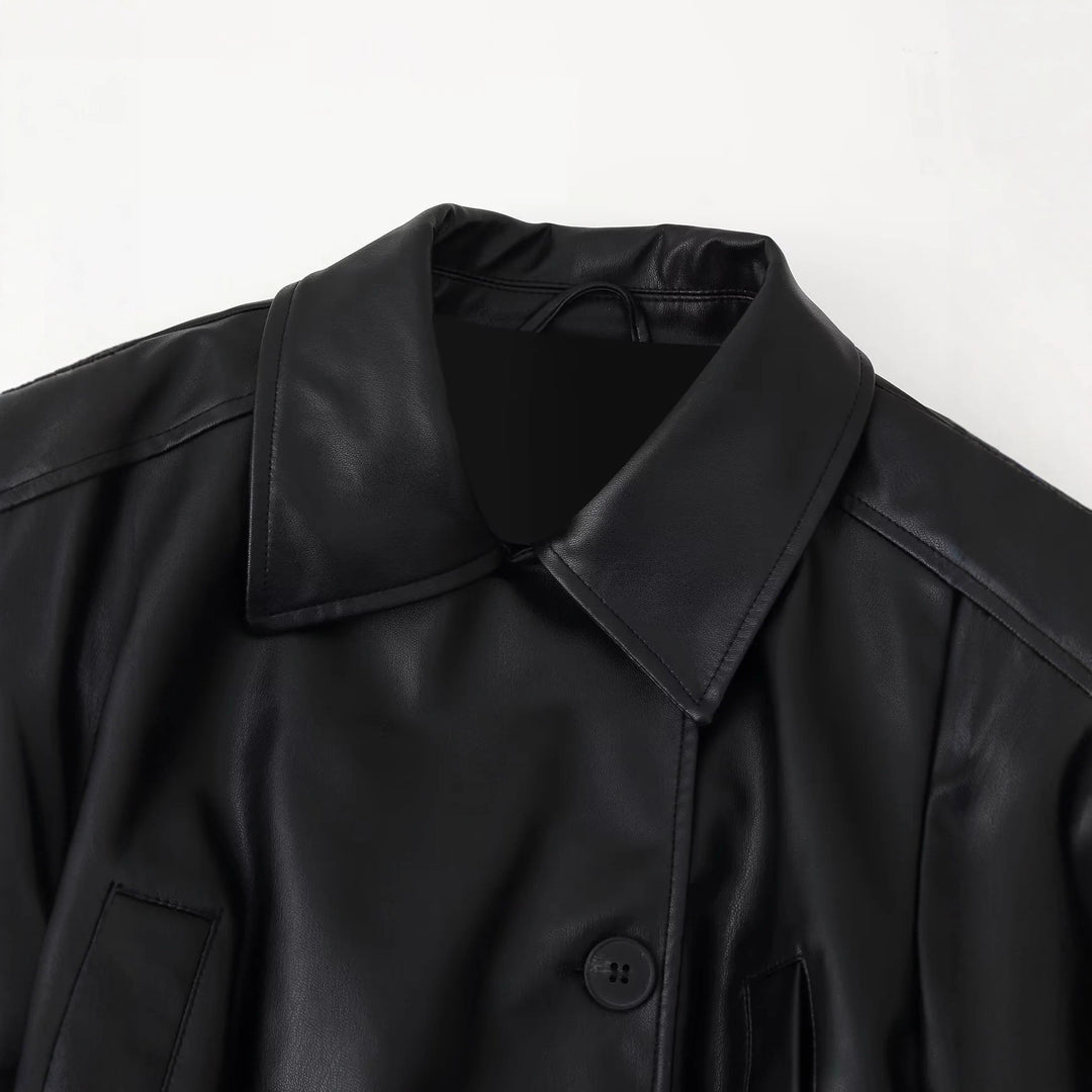 Damen Kunstlederjacke mit eleganten Knopfdetails und Gürteldesign R&B