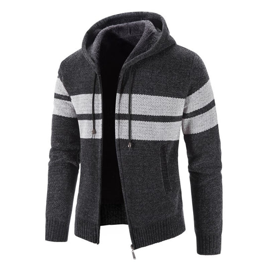 Herren Strickjacke mit Kapuze und modernem Streifenmuster R&B