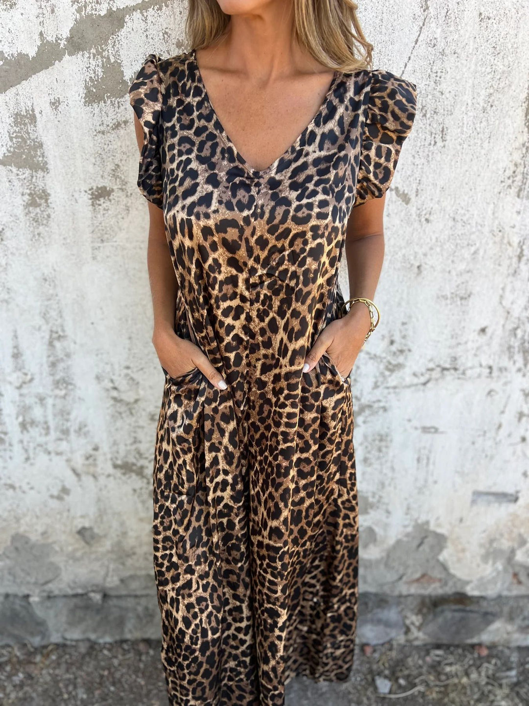 Damen Leopardenmuster Kleid mit schickem V-Ausschnitt R&B