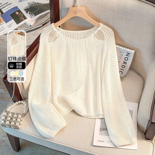 Damen lässiger Pullover mit Off-Shoulder Design und funkelnden Details R&B
