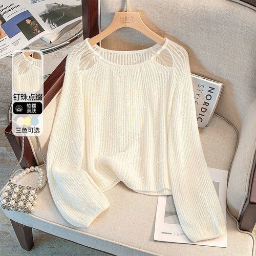 Damen lässiger Pullover mit Off-Shoulder Design und funkelnden Details R&B