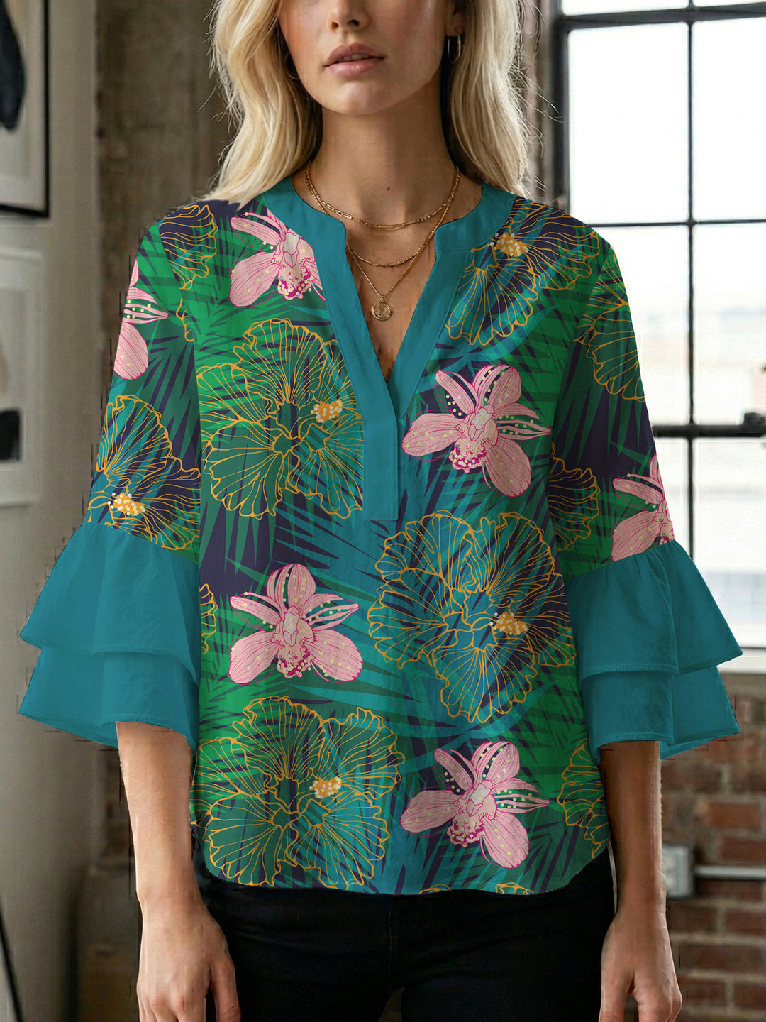 Damen Bluse mit voluminösen Ärmeln und floralem Design R&B
