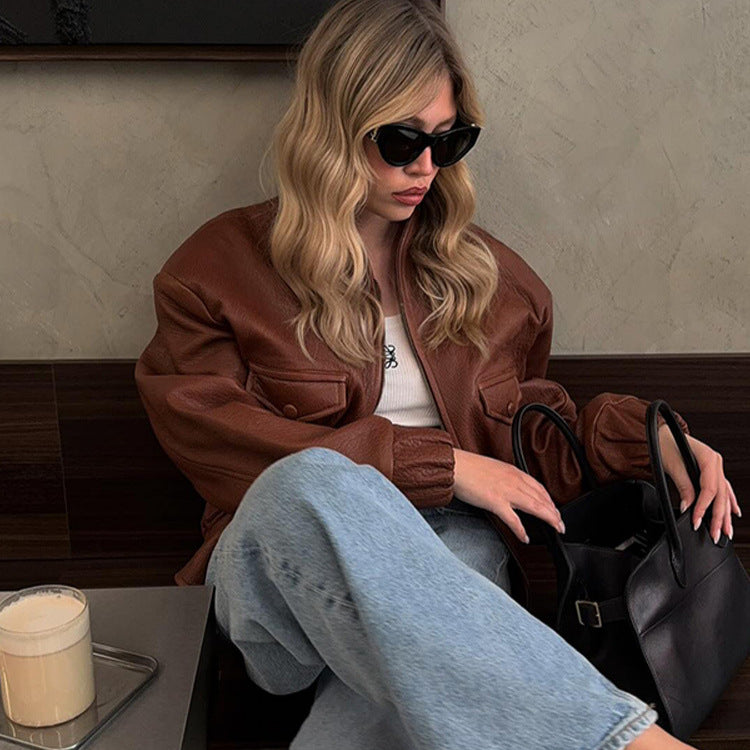 Damen Modische Kunstlederjacke mit einzigartigen Taschen und elastischen Rippabschlüssen R&B