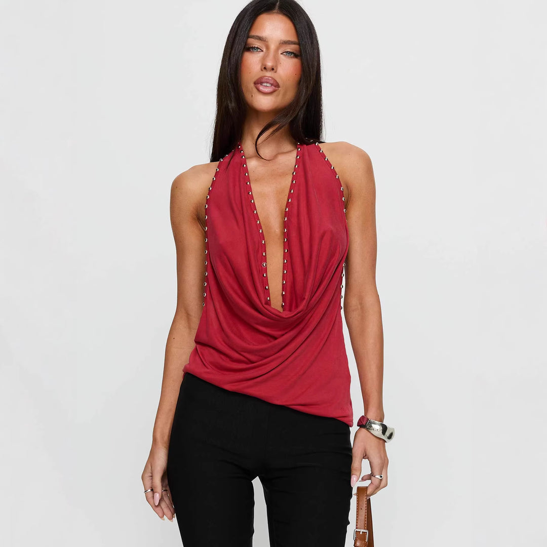 Damen Halter-Top mit tiefem V-Ausschnitt und pilzförmigen Verzierungen R&B