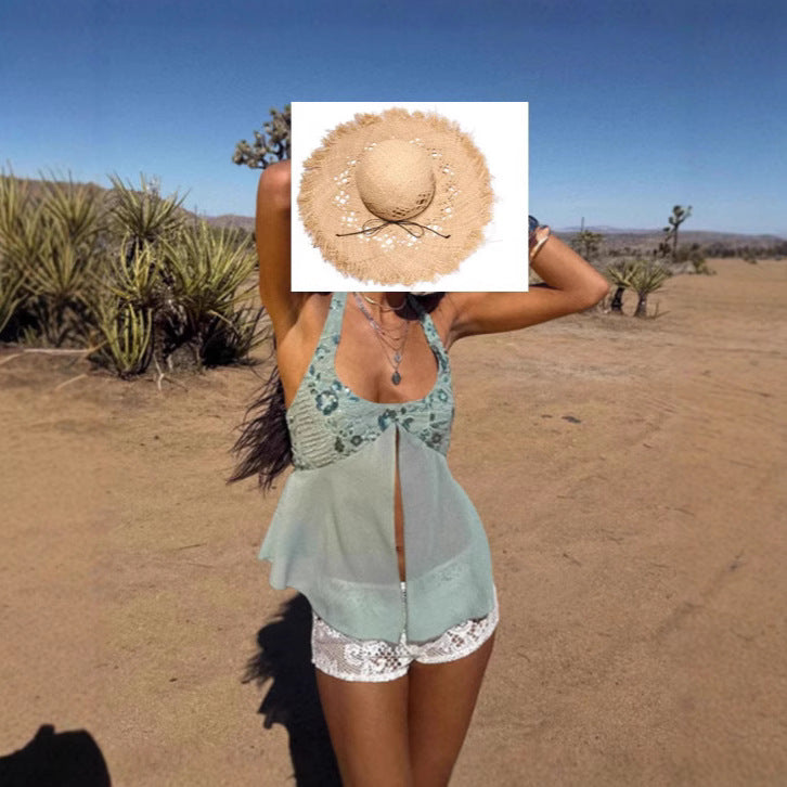 Damen Luftig-fließendes Strandtop mit Rüschendetails und transparenter Blende R&B