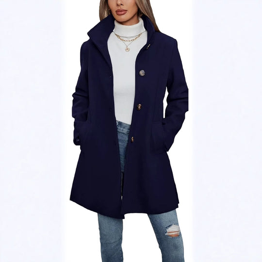 Damen Eleganter Wollmantel mit Hochgeschlossenem Kragen und Praktischen Taschen R&B