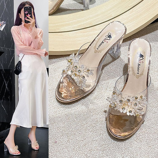Damen elegante und durchsichtige Mules mit floralem Schmuckdetail R&B